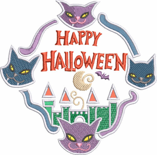 Happy Halloween spooky cats embroidery design