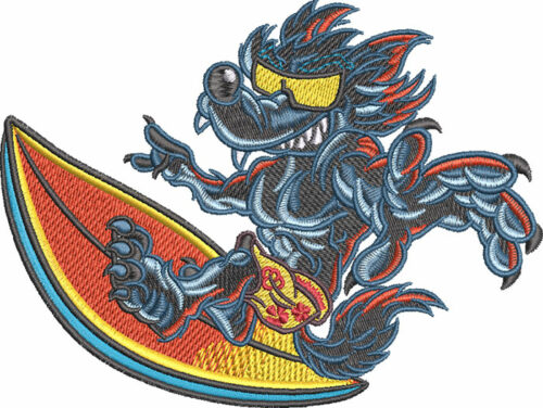 wolf surfing embroidery design