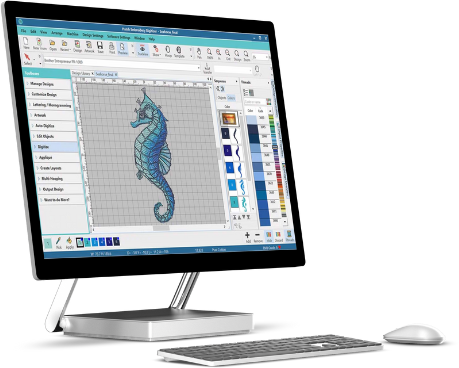a desktop computer with a drawing of a seahorse on the screen.