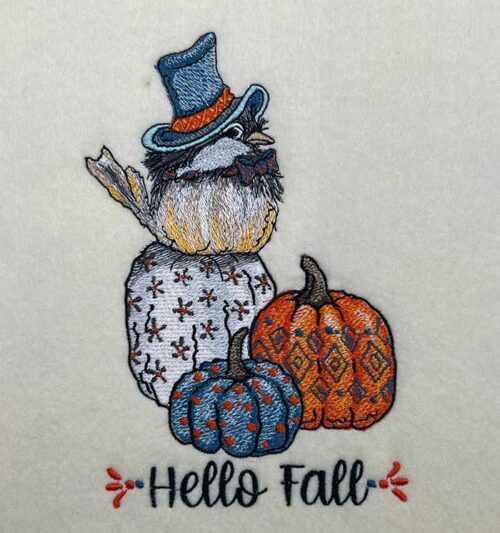 Hello Fall chickadee embroidery design